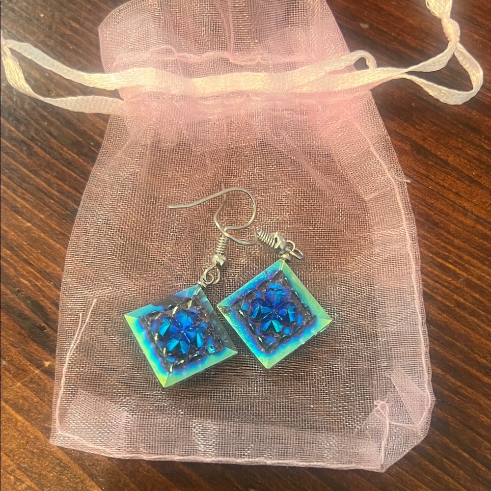 Blue Square Dangle Earrings